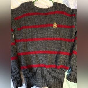 Vintage Ralph Lauren Gray and Red Striped Crewneck 100% Wool Sweater